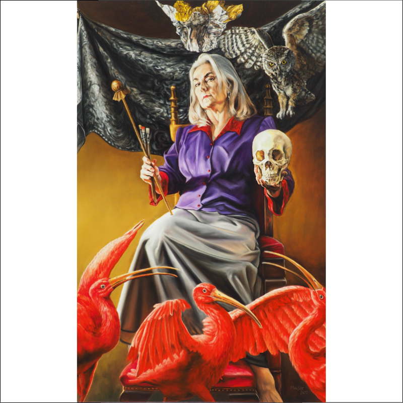 Iris Hauser - Painting of woman on a thrown with a want and skull in her hand.