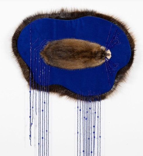 SKArts - Marcy Friesen, Muskrat Tears, 2020, velveteen, glass beads, plastic seed beads, bugle beads, muskrat and beaver pelt.