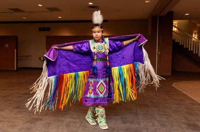 SKArts - Thunderchild and Candline's daughter, Haedyn, dancing in regalia created by Candline.