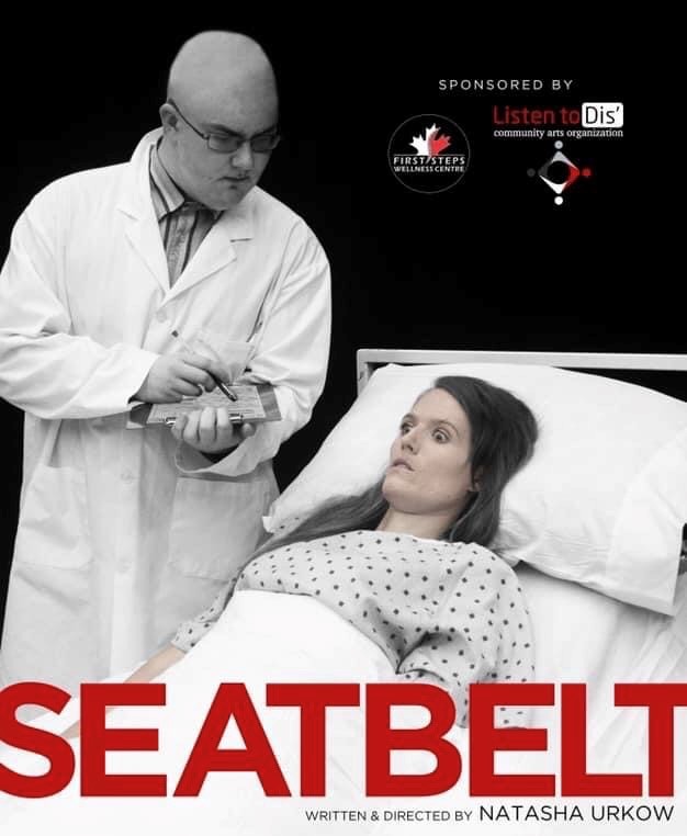 Natasha Urkow lies in a hospital bed with a doctor standing over her in her performance of Seatbelt,.