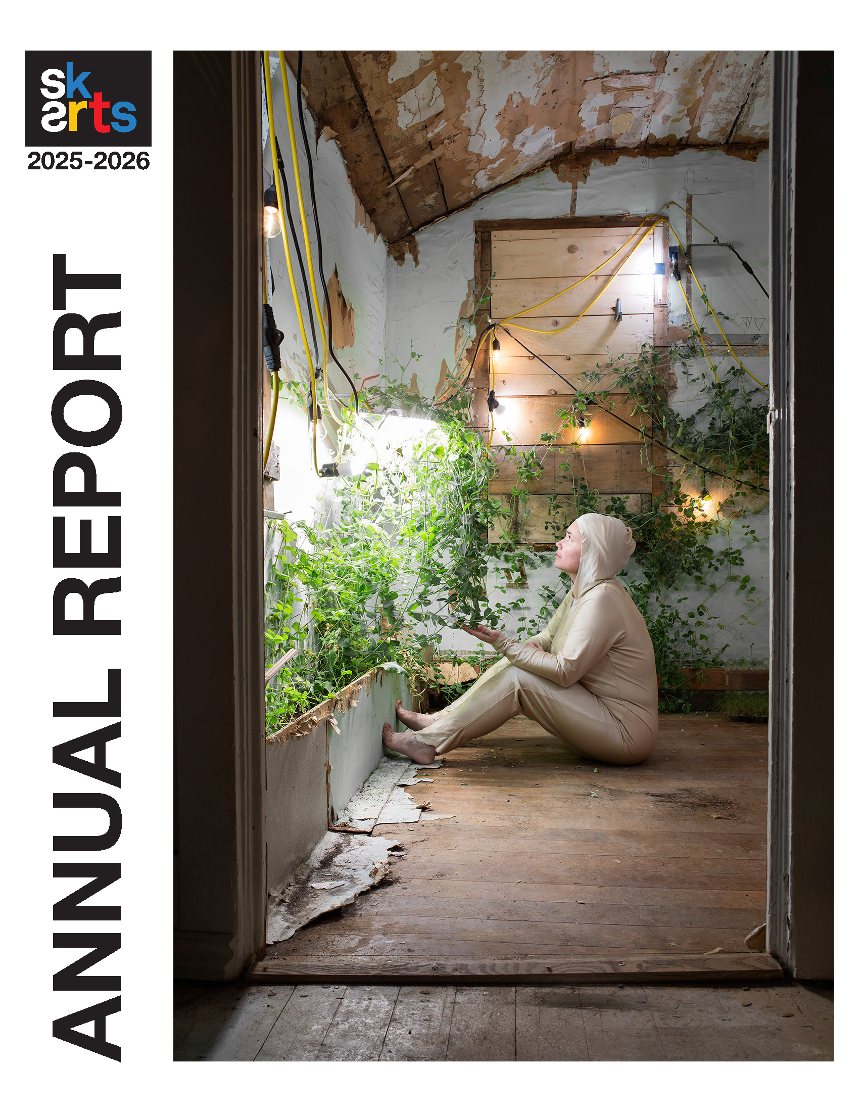 SK Arts Logo. 2025-2026 Annual Report . Cover of the report has an artwork image. Work is Pied-à-terre by artist Laura St. Pierre. Photo credit: Laura St. Pierre