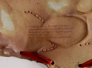 Ashely Marshall - Kalocsai (2015) (detail). Ceramic, soda fired, ribbon, ceramic decals, embroidery