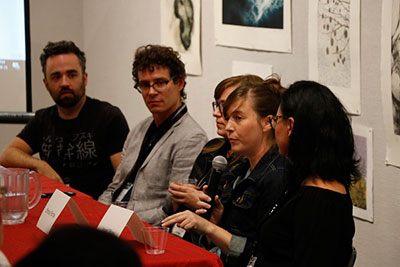 Chrissy Poitras speaks during the Flatgrafika print symposium panel discussion held at the Art Gallery of Regina