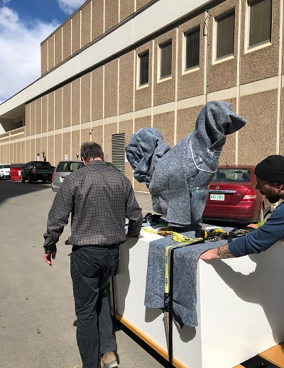 Joe Fafard's 'Reveille' being moved to its new home on the second floor of the Frances Morrison Central Library in Saskatoon