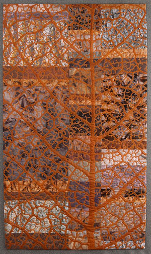 Martha Cole - Leaf Skeleton (2014) hand-painted and digitally printed fabrics, hand-painted sheer fabric, Setacolor fabric paint, thread, cotton batting