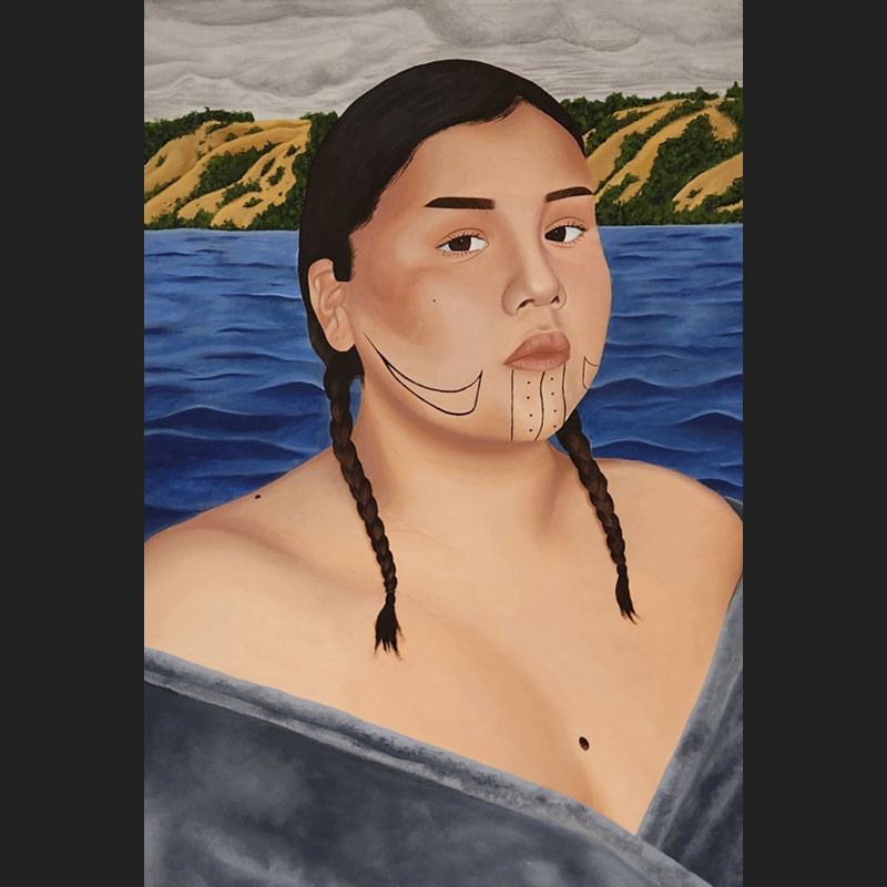Painting titled 'My Ancestor calls to me' by Tianna Delorme. The image is of an indigenous women with cultural symbols and markings on her face. Her hair in braided in pigtails, and she has a grey blanket wrapped around her arms. Behind her is a scenic view of grey skies, mountains with sparse greenery and plains and a lake/body of water.