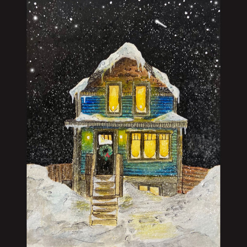 Painting by Kate Boyer titled A Christmas Night - A house in the night with snow and stars lighting up the dark sky
