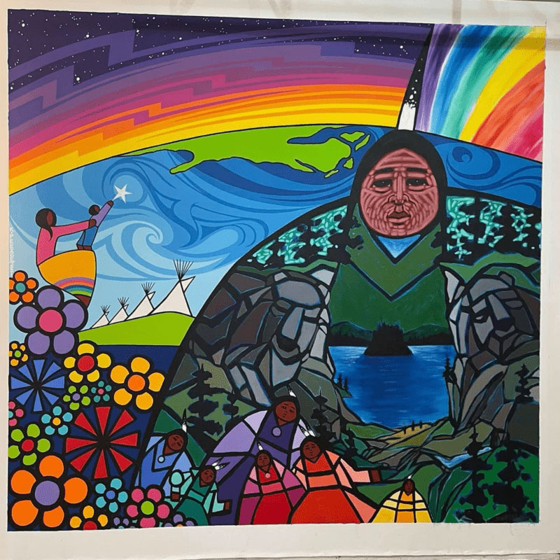 Kevin Pee-ace - In celebration of our mother, colourful painting of indigenous woman in a field of flowers with a rainbow behind her